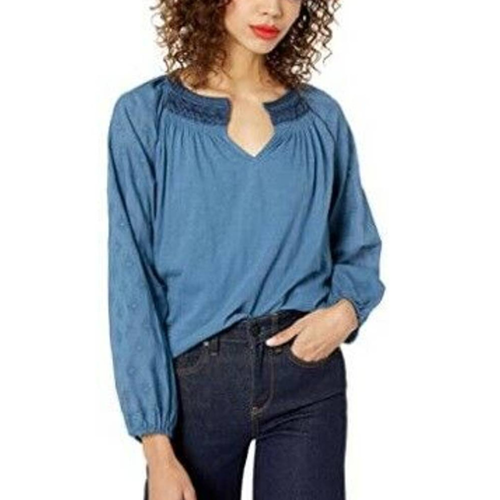 Lucky Brand Womens Puff Sleeve Embroidered Neck Cotton Peasant Top XS $70 NWT